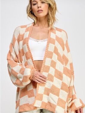 Miss Love Oversized Peach Checkered Cardigan